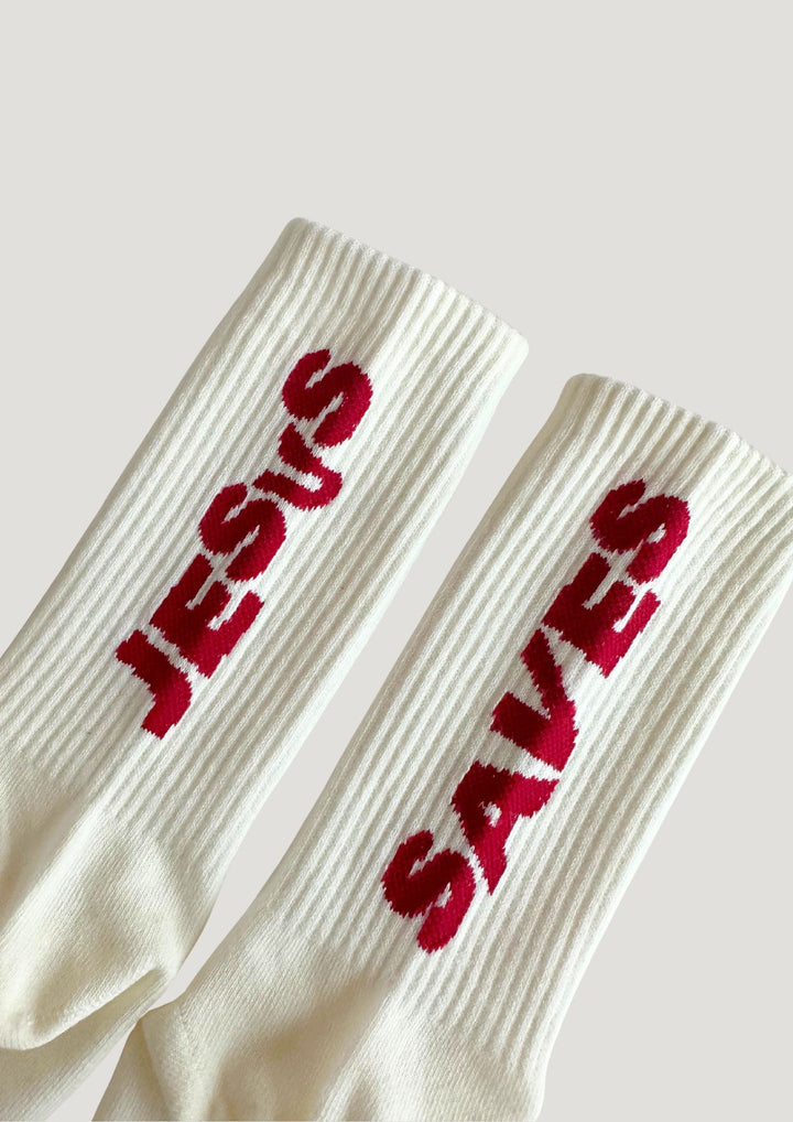 "JESUS SAVES" Socks cherry