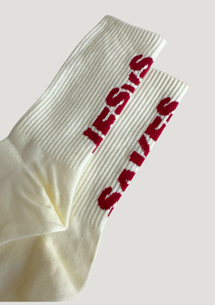 "JESUS SAVES" Socks cherry