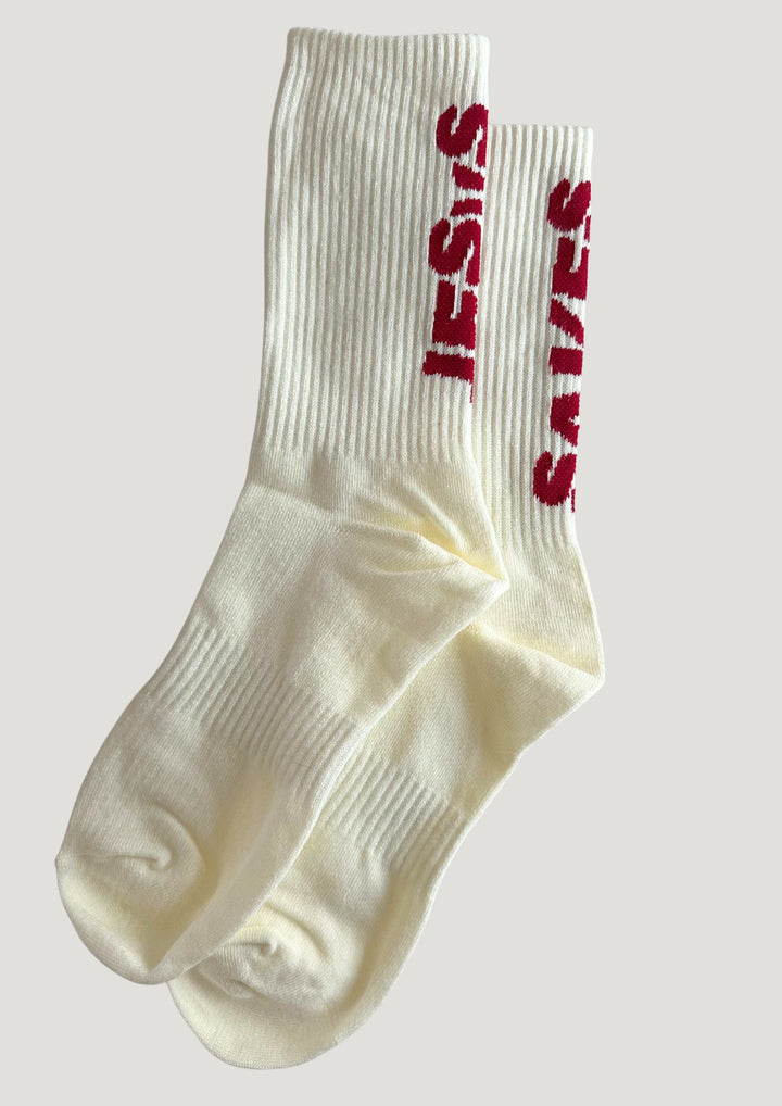 "JESUS SAVES" Socks cherry